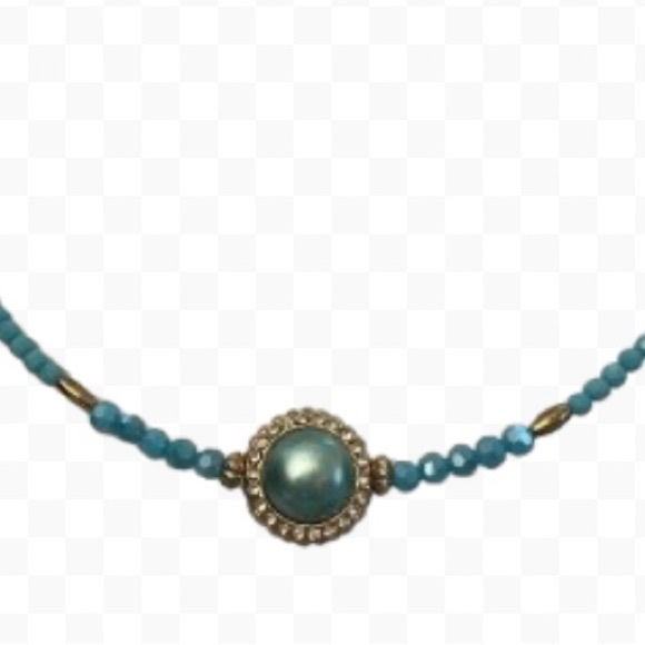 Turquoise Blue Gold Faceted Beads Choker Necklace W/Rhinestone Center Faux Pearl - Picture 10 of 10